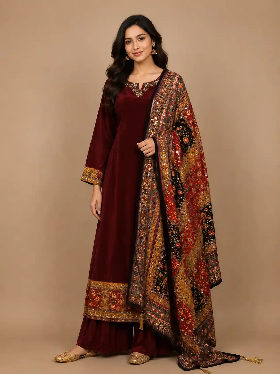 Dark Red Floral Designed Semi Silk Anarkali Salwar Suit